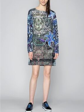 Desigual Raul Gothic Graphic Print Long Sleeve Shift Dress Multicolor 44 US L 14